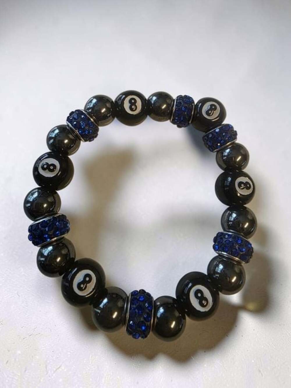 Handcrafted Hematite 8 Ball Billiards Blue Crystal Rondelle Bracelet